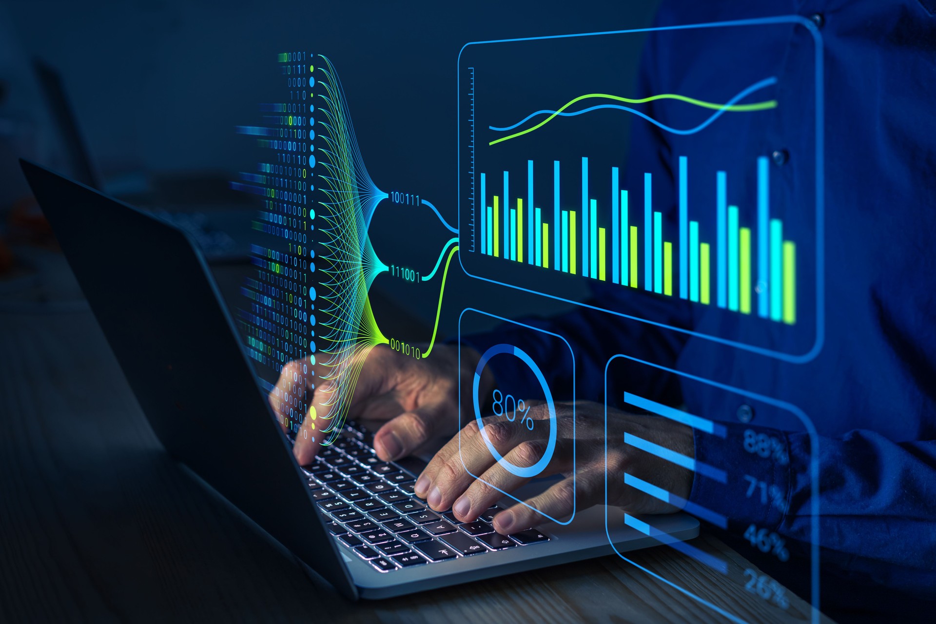 Data analytics and insights powered by big data and artificial intelligence technologies. Data scientist working with complex information analysed by AI for business analytics dahsboard with charts.